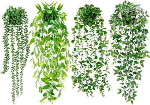Palonu 4 Pack Faux Artificial Hanging Plants, Fake Potted Greener...