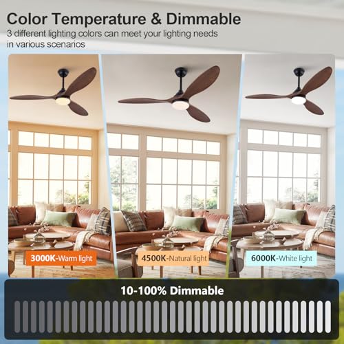 Image of Dimmable 52 Inch Outdoor Ceiling Fan with Light and Remote, 6 Speed DC Motor, Wood Ceiling Fans with Lights Black 3 Blade Outdoor Ceiling Fans for Patios, Indoor Ceiling Fan for Modern Living Room