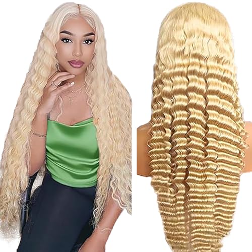 Weeybay Perruque Femme Naturelle Deep Wave Human Hair Wig Glueless Perruque Sans Colle Cheveux Humain 4x4 Lace Closure Wig Blonde #613 Unprocessed Hair 150%...