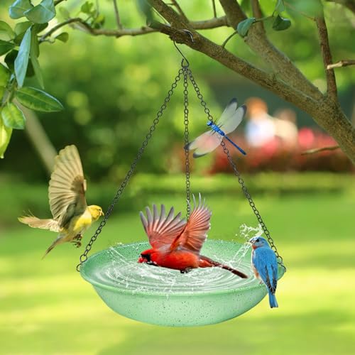 Image of 11 Inch Green Speckled Double Patchwork Metal Hanging Bird Bath Bowl | Equipped with 13.5 in rust-proof black chains, dual-use bird feeder decor for garden and backyard