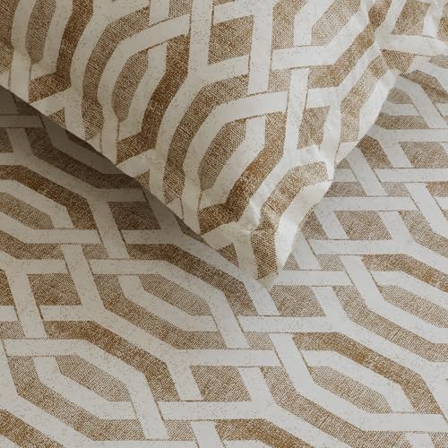 Image of Swayam Roto Cotton King Bedsheet with 2 Pillow Covers | Size 108 x 108 inch | 144 TC | Geometric Design | Soft Breathable Bed Sheet | Comfortable & Durable for Bedroom - Light Brown
