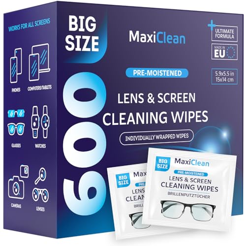 Glasses Wipes Lens Cleaner - Lens Wipes for Eyeglasses - 600 Pre-moistened Individually Wrapped Wipes for Eye Glasses, Electronics, Phone, Computer, Laptop Screen - Camera Lens Cleaner - Made in EU