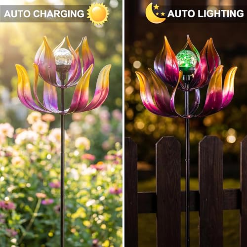 Image of Solar Wind Spinners Outdoor for Yard and Garden, 61'' Lotus Kinetic Wind Sculptures with Color Changing LED Crackle Glass Globe, Metal Yard Art Decor for Patio Lawn, Garden Gifts for Women /Mother