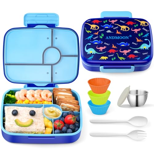 Image of Bento Box for Kids Lunch Box Leak-Proof, Bento Lunch Box with 5 Compartments, Lunch Containers with 3 Silicone Baking Cups, Microwave /Dishwasher Safe (43OZ) (Blue with snack cup)