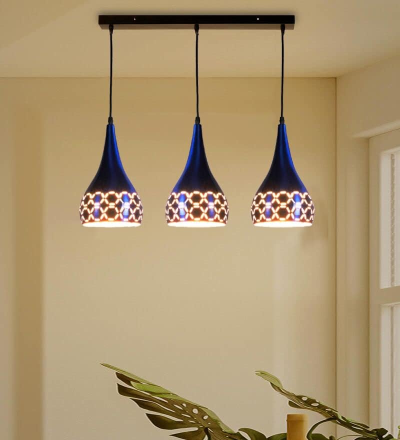 Image of GreyWings 3 Light Hanging Light for Home | Blue Aluminium Pendant Light with E27 Holder | Designer Ceiling Hanging Lamp for Bulb Not Included, Linear Set