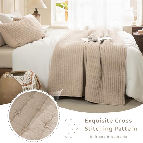 Sanracie Oversized King Bedspread (128"x120"), 100% Cotton Cross Stitch Pattern California King Coverlet Quilt Set 3Pcs Warm Taupe Colored Lightweight Extra Large King Bed Quilt for All Season by Sanracie - Used condition - Image 9