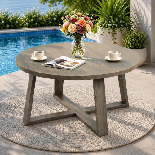 COMLAX FIELD Indoor Round Coffee Table with 35.5 Woodgrain Finish Table Top Outdoor Metal Modern Side Table 125lbs for Backyard Porch Balcony Living Room Brown