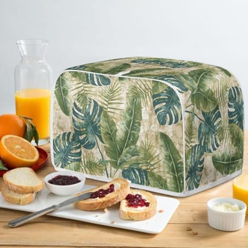 Image of Toaster Dust Cover 2 Slice, Microwave Toaster Oven Grill Cover Stain Resistant Dustproof Kitchen Small Appliance Cover with Top Handle for Kitchen, Monstera Leaf Retro