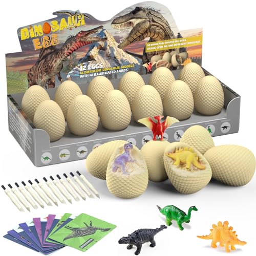 EARTH'SCODE Dinosaur Eggs Excavation Dig Kit, 12 Dino Egg with 12 Cute Unique Dinosaurs Inside Toys for Best Holiday & Birthday Archaeology Science STEM Crafts Gifts for Kids 3-12 Years Old