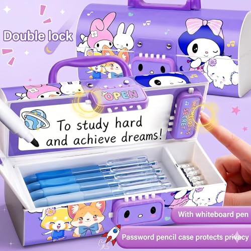Image of WORSHIPER New Cartoon Theme Pencil Box with Push Pull Eraser Set for Kids | Suitcase Style Password Lock Stationery Organizer | School Supplies Gift Combo for Boys & Girls (Kurumi Purple PENCHIL Box)
