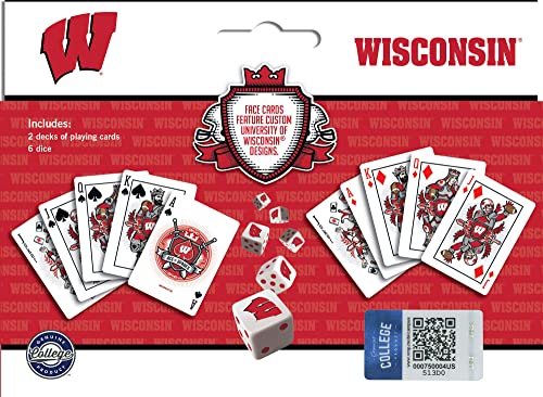 Image of MasterPieces NCAA Wisconsin Badgers Playing Cards and Dice Set, Officially Licensed Collegiate Game Night Collection, Two Poker Size Decks with Custom Artwork, Six Dice, Wisconsin Badgers Fan Gift