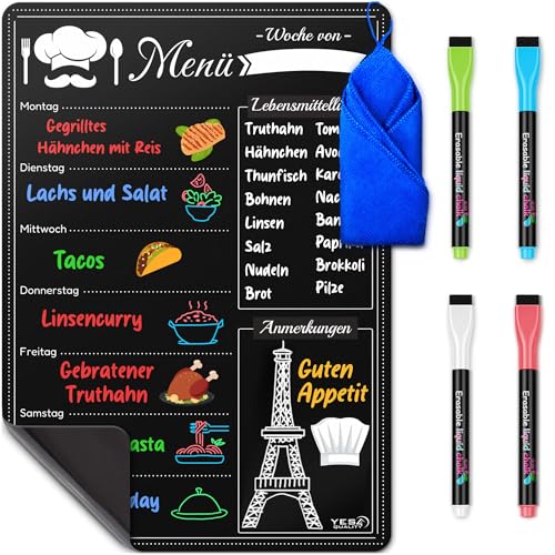 A3 Magnetische, trocken abwischbare Menütafel für Kühlschrank - 40 x 30 cm - Magnetische schwarze Planungstafel für Küche, wöchentlicher Mahlzeitenplaner + 4 Markern + 1 Reinigungstuch - Yes4Quality