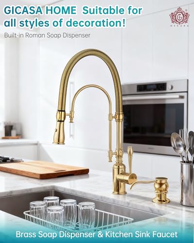 Image of Built in Deck Mount Liquid Lotion Kitchen Countertop Metal Soap Dispenser, Gold Brass Dispenser Pump with 500ml (17oz) High Capacity Bottle