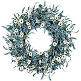 wwmira 24 Inch Blue Daisy Flower Wreaths for Front Door - Spring Summer Wreath with White Floral, Blue Eucalyptus Leaves &Lavender Farmhouse Indoor Outdoor Decor for Porch, Patio & Entryway
