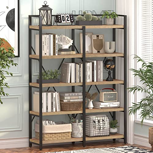 Fatorri Bookshelf, Industrial 5 Tier, Rustic Wood Etagere Bookcase, Metal Tall Book Shelf With Large Open Shelving Unit (Rustic Oak, 51 Inch Wide) #TOP2
