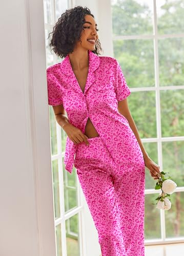Image of Ekouaer 2 Piece Satin Short Sleeve Pajamas Set Button Down Sleepwear | Soft Pjs Set Classic Loungewear for Wedding, Party, Home, Daily Wear, Date Nights