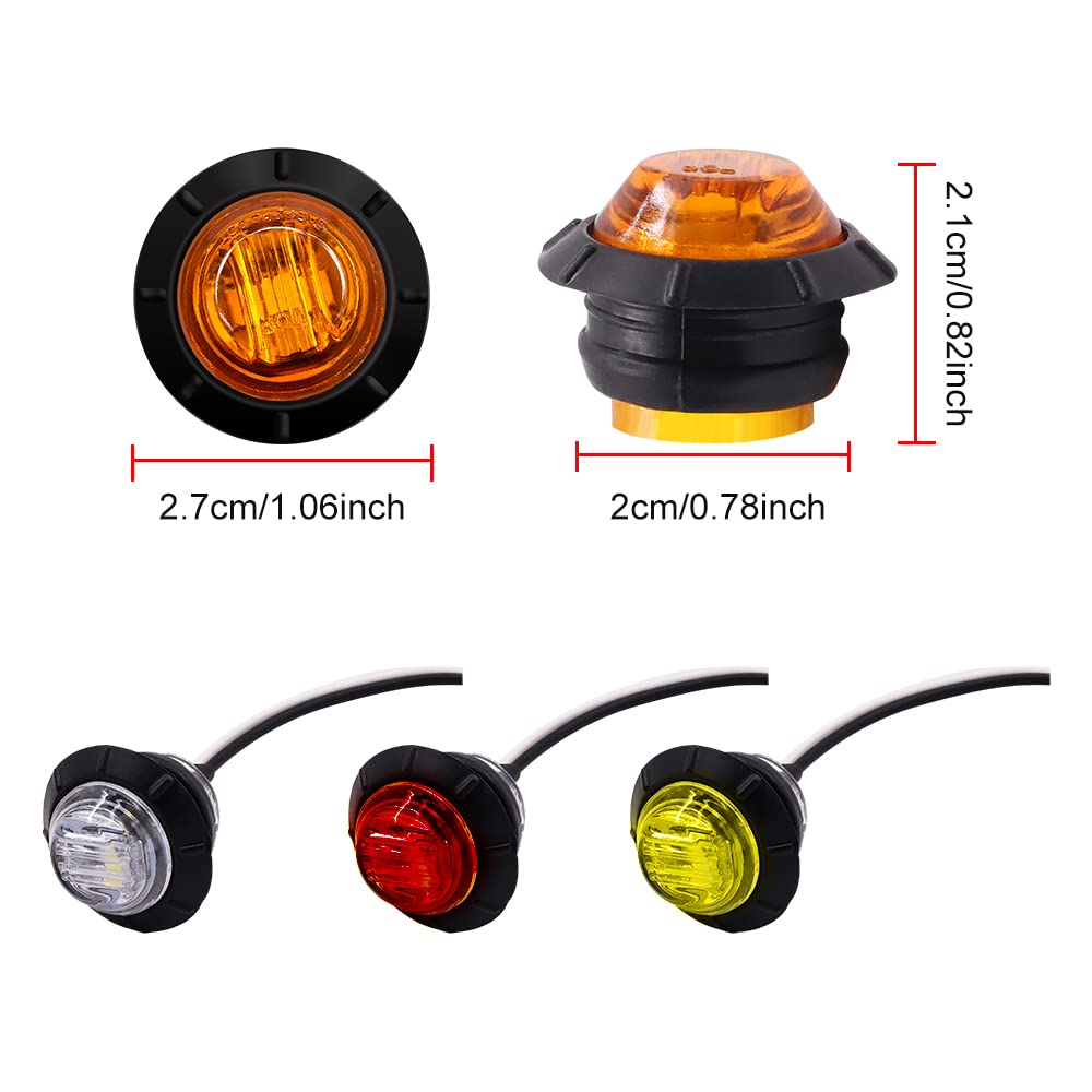 Biqing 30PCS Luces de Posición Lateral,Universal Luz Indicadora de Marcador Redonda de 3/4" LED Frontal y Lateral Trasera 12V/24V Luz de Gálibo Luz de Advertencia Impermeable (Ámbar+Rojo+Blanc)