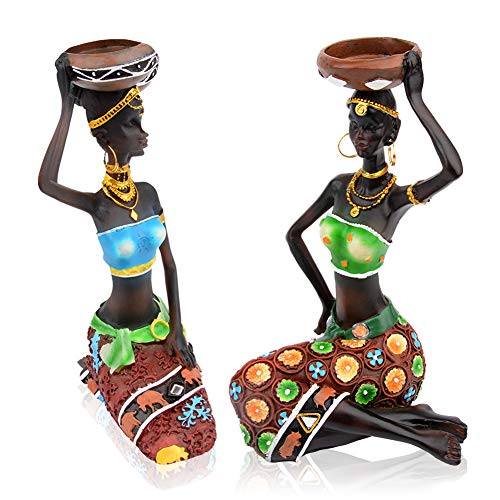CYYKDA 2PCS Statue African Figurine Women Figure Girls Tribal Lady Candlestick Collectible Art Piece African Decor. African Decorations For Home Black Figurines Vintage Gift Handmade Doll Candleholder