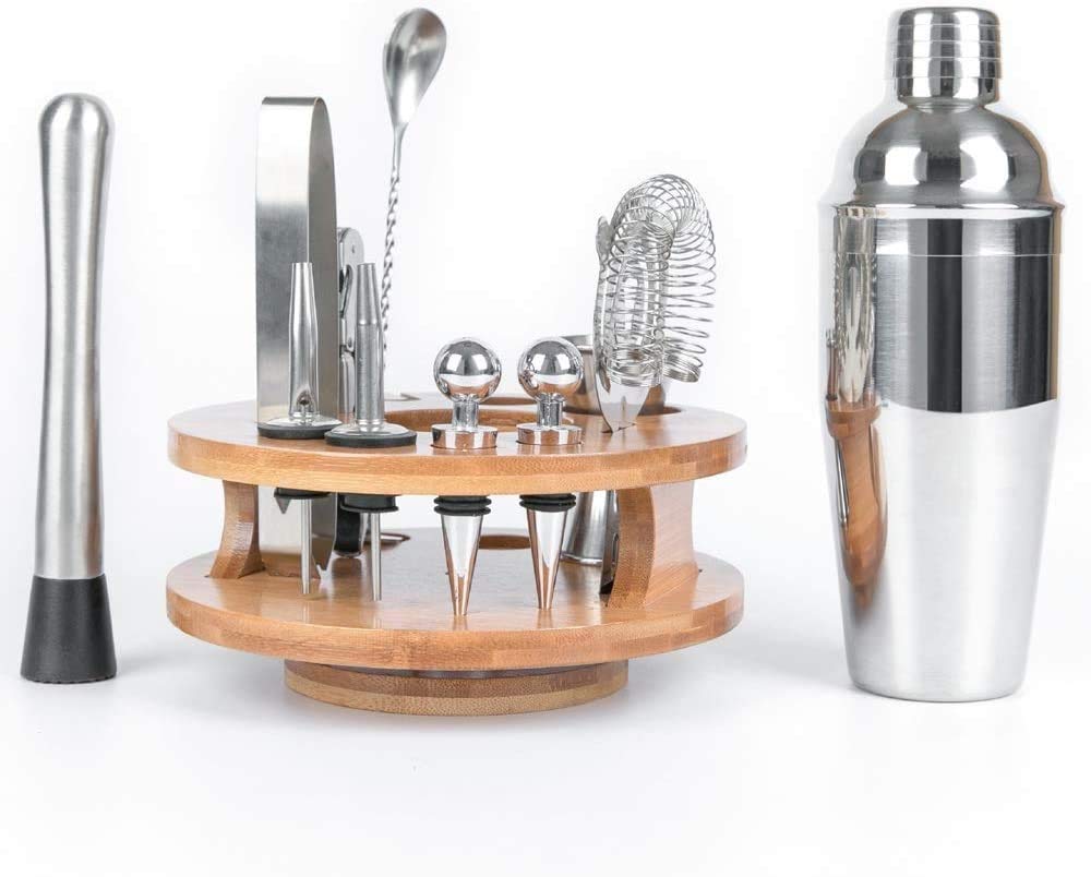 Kit de barman de 12 pièces Ensemble de kit de cocktail avec support en bambou, kit de barrage de maison parfait pour une expérience de mélange de boissons impressionnante, outils de barre en aci