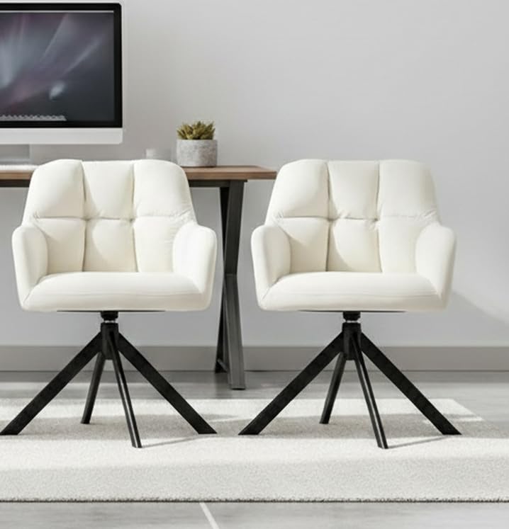 Image of Finch Fox Battle Modern 360 Swivel Mid-Back Arm Faux-Leather Study Upholstered Comfortable Metal Base Computer Office Desk Chair in White Color (Set of 2)