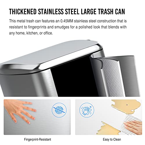 Pouseayar 13 Gallon & 3.2 Gallon Stainless Steel Large Trash Can With Soft Close Lid - Foot Pedal Rectangular Garbage Bin Fingerprint-Proof, And Durable For Kitchen, Home, And Office #TOP3
