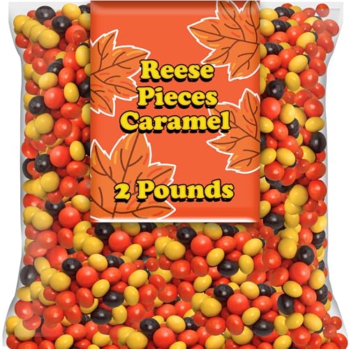 Reese Pieces Caramel Peanut Butter Candy, Bulk 2 Lbs, Caramel Flavored Milk Chocolate Peanut Butter Candies in Crunchy Shell, Jack o Lantern Filler, Fall Colors for Autumn Baking and Desserts
