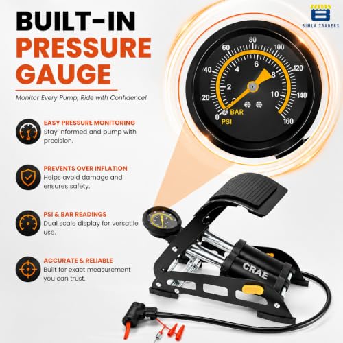Image of CRAE Professional Foot Operated Air Pump | High-Pressure Manual Tyre Inflator with Gauge for Car, Bike & Cycle.