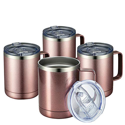 MEWAY 12oz Coffee Mug With Handle 4 Pack BulkStainless Steel Insulated Travel Tumblers With Sliding LidDouble Wall Vacuum Camping Cup for Hot Cold Drinks Tea Rose GoldSet of 4