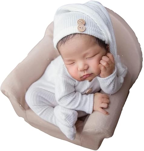 Vista 19 de Moda recién nacido niños niñas bebé sesión de fotos accesorios trajes ganchillo ropa sombrero de cola larga pantalones accesorios de fotografía Beige