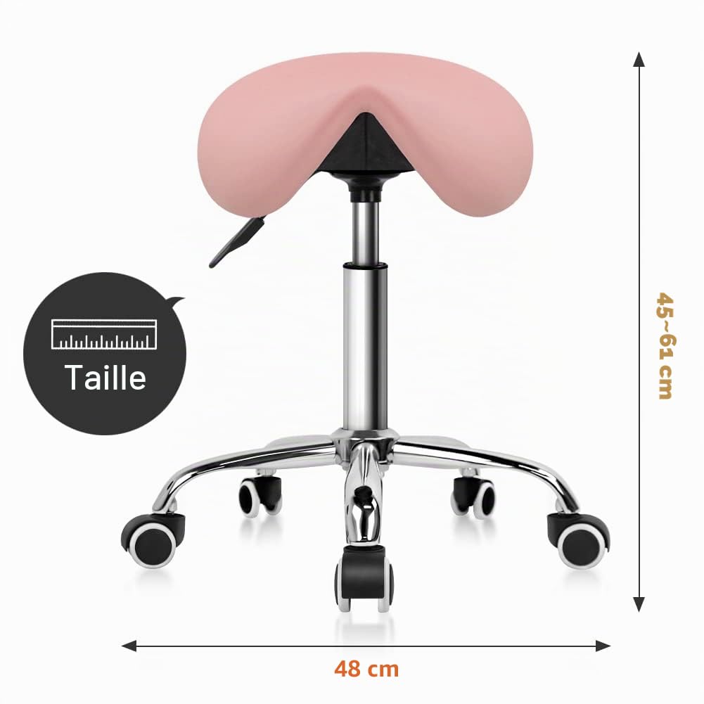KKTONER Tabouret Selle de Cheval Tabouret à roulettes réglable en Hauteur 45-61 cm en Cuir PU Rose