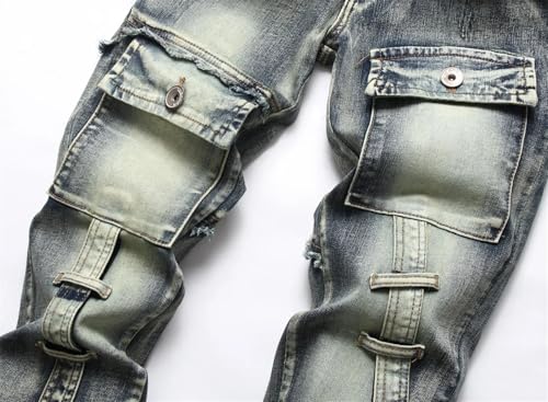 Men's Vintage Ripped Jeans (Without Belt) Patchwork Straight Leg Skinny Fit Biker Denim Pants4