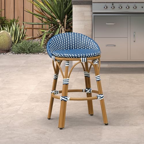 Image of PURPLE LEAF Patio Oversized Backrest Counter Height Stool Set of 1 Outdoor Round Barstools Aluminum Frame in Bamboo Finish Woven Rattan for Indoor Kitchen Dining Bistros Cafe Restaurant Navy Blue
