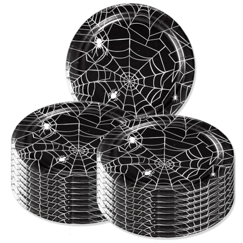 ASVNRES Platos de papel de telaraña de Halloween, suministros para fiestas, tela de araña de 7 pulgadas, sirve 24 para decoración de vajilla de papel desechable de Halloween, vajilla espeluznante