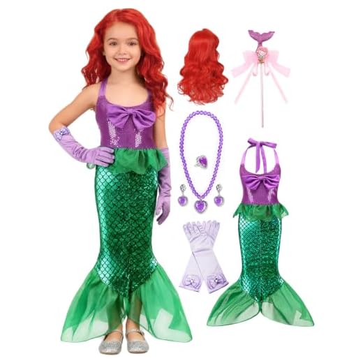 Oumbivil Little Mermaid Princess Dress Ariel Costume for Grils Cosplay Birthday Party Halloween Costumes with Wig, Headband, Necklace, Gloves OU032XS