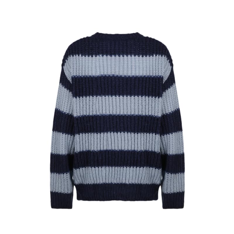 Autumn/Winter Striped Medium length Sweater, Suitable for Girls, Long Sleeve Round Neck Casual Loose Hoodie, Blue2