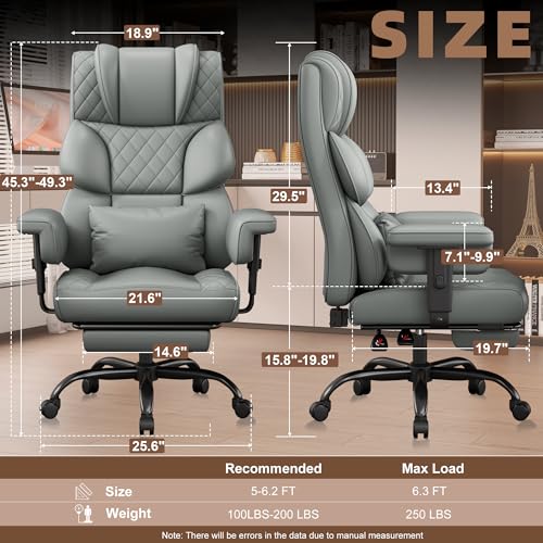 Image of Vonesse Big and Tall Office Chair, Desk Chair with Soft Adjustable Armrests, Ergonomic High Back Gaming Chair with Lumbar Support, Executive Computer Chairs with Footrest (PU Leather, Gray)