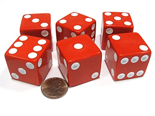 Set of 6 D6 25mm Large Opaque Jumbo Dice - Red with White Pip by Koplow Games