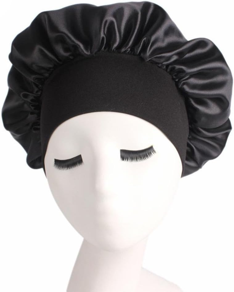 Wide Band Satin Bonnet Cap Comfortable Night Sleep Hat Hair Loss Cap (Black)