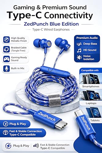 Image of Type-C Wired Earphone with Mic, 10mm Dynamic Bass Driver, Magnetic in-Ear Headphones, Metal Build, Low Latency Sound for Gaming, 3 Button Control, HD Calling, Voice Assistant (Dark Blue)