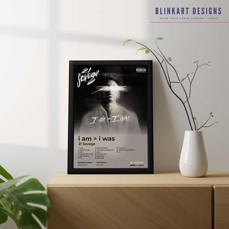 Image of BLINKART 21 Savage - I am I Was Wall Photo Frames | Wall Art for Bedroom, Living Room, Studio or Office | Album Cover Print with Spotify Song Link QR Code | Gift for Fans - 8x12 In