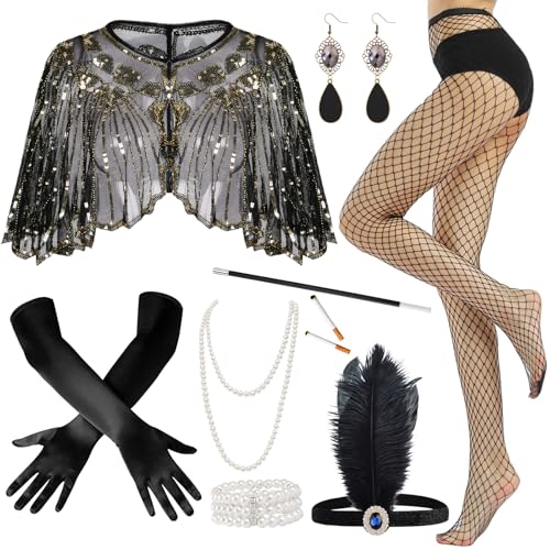 Rbleote 20er Jahre Kostüm Damen, 1920er Jahre Kostüm, Great Gatsby Accessoires Set, Inklusive 9 Accessoires Wie Schal, Handschuhe, Ohrringe,...