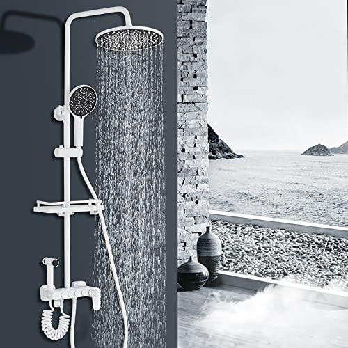 Hbronzeshower Duschsäule mit höhenverstellbarem Einhebelmischer, Kopfbrause, 3 FunktionenHandbrause, Brausestange und Schlauch Neues Badezimmerset weiß Cover