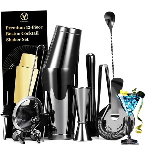 YXT&BEYOND Bostn Shaker Cocktaila Set 12 Pezzi Acciaio Inox 304, Kit Barman Professionale per Home Bar, Set Cocktail Kit Barman per Gli Amanti dei Cocktails, Regalo, Nero