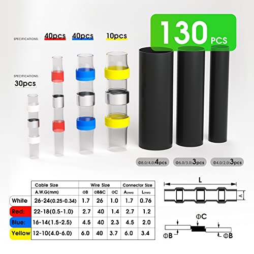 Hofujng 130Pcs Solder Seal Wire Connectors Kit, Heat Shrink Butt Splice Connectors, Waterproof Electrical Marine Automotive Boat Truck Wire Crimp Terminals, Stereo Solder Sleeve, Butt Terminals #TOP1