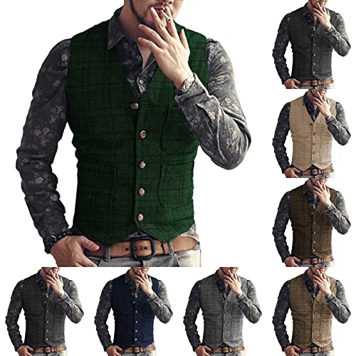 Bylunta Classic Mens Plaid Tweed Waistcoats V-Neck Wool Herringbone Vests Retro Workwear Vintage Wedding Xs-3Xl(Brown,M) #TOP5