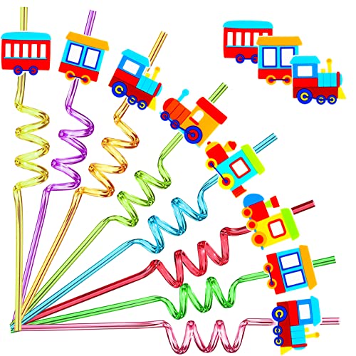 Image of 24 Pack Train Theme Shaped Straws - Reusable Plastic Straws with Cartoon Decoration - Kids Party Supplies - Birthday Party Favors with 2 Cleaning Brushes