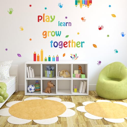 SUPERDANT Colorful Playroom Wall Stickers Child Inspirational Quotes Stickers Play Learn Grow Together Classroom Positive Saying Decor for Kids Room Decor Playroom School Nursery