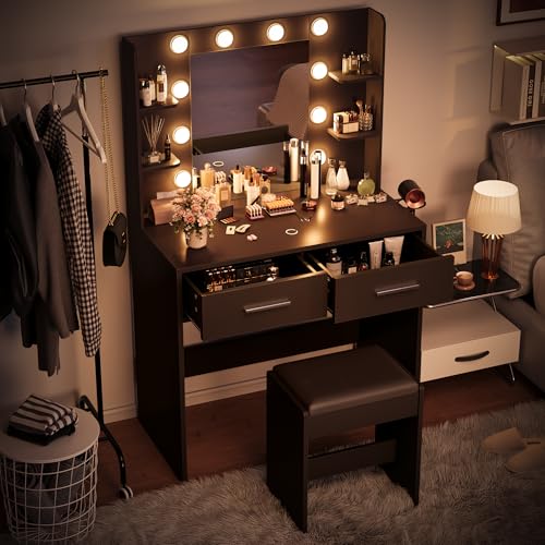 Image of Furmax Make up Vanity Desk with Mirror and Power Outlet, Vanity with 3 Color Light Options Adjustable Brightness,Vanity Desk with 2 Drawers, 6 Storage Shelves (Black, with Bench)