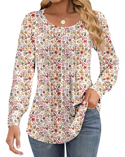 Cuptacc Langarmshirts Damen Elegant Puffärmel Knöpfen Tunika Rundhals Plissee Oberteil Für Fraun Weiß Rot Blumig 2XL 50-52