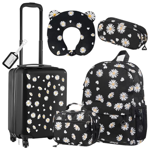 Redbaker 6 Pcs Kids Luggage Set 18 Inch Kids Rolling Luggage Gift for Christmas Kids Suitcase for Girls Boys Kids Suitcase(Black, Daisy Style)